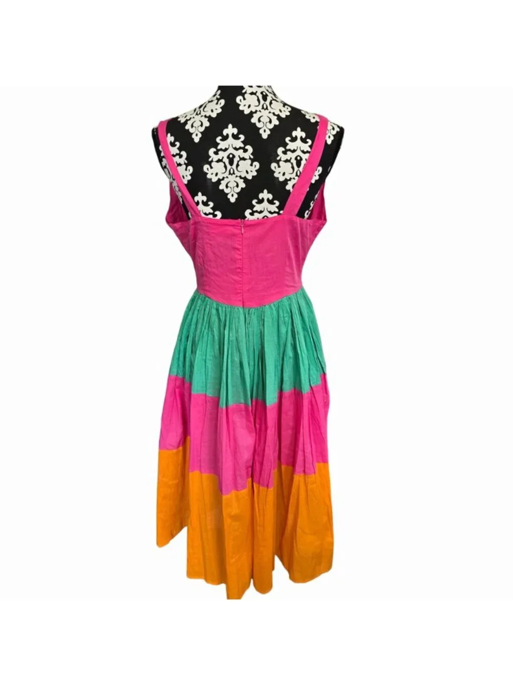 Mira Small Sleeveless Cotton Midi Sun Dress Green/Pink/Orange Colorblock Boho - Picture 2 of 5